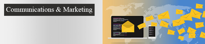 Communications and Marketing with image of envelopes flying out of computer